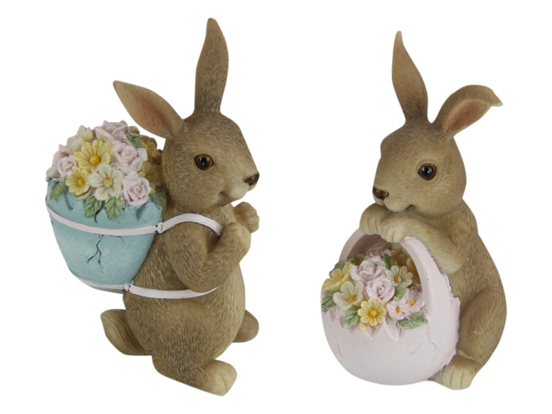12CM BUNNY RABBIT WITH BASKET OF FLOWERS