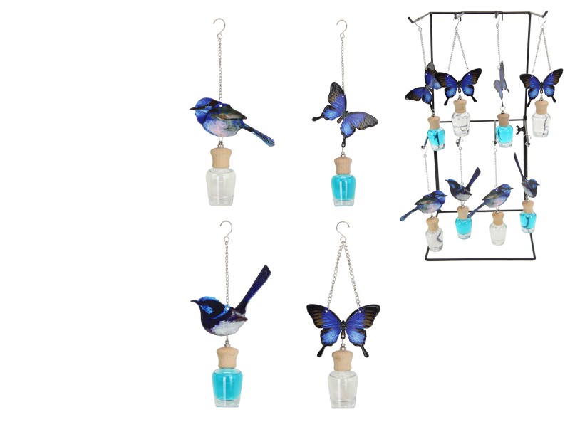 Blue Butterfly/Wren Hanging Scented Car Diffusers 4 Asstd (36pc=Free Display)