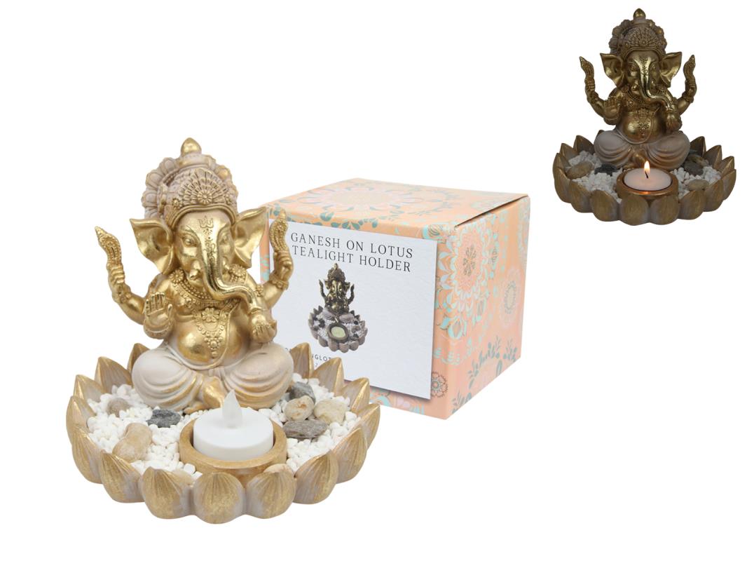 15cm Ganesh on Lotus Tealight Holder 2 Asstd
