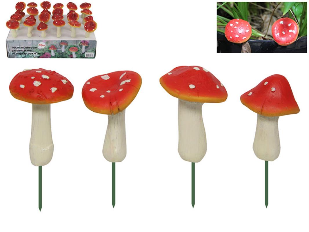 *10cm Mushroom Garden Stake W/Disp 4Asst