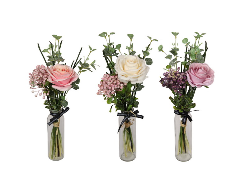 38cm Rose Flowers in Glass Vase 3 Asstd