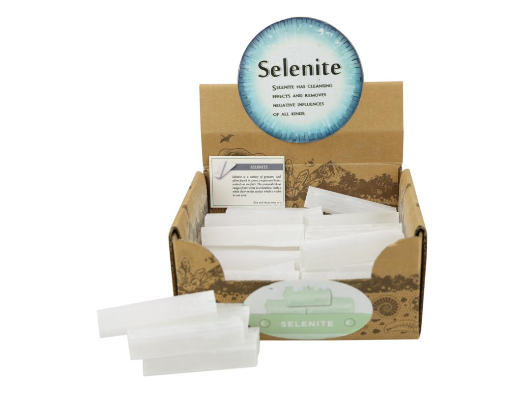 11-12CM SELENITE STICKS IN DISPLAY
