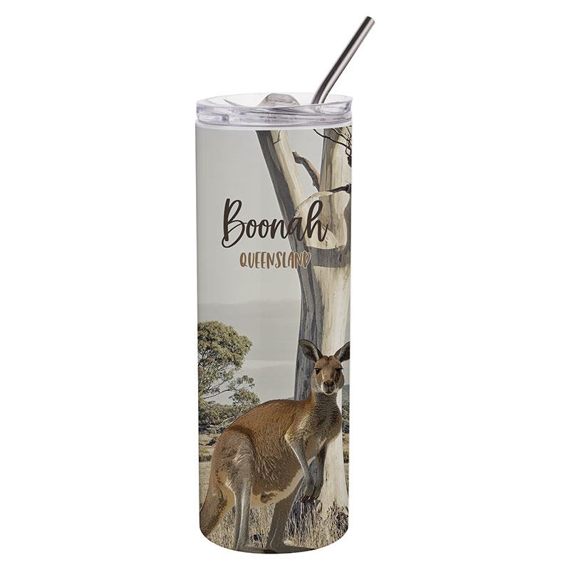 600ml Stainless Steel Tumbler Including Straw with Kangaroo Design