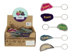 6-9cm Agate Slice Keyring with Inspirational Wording (25=Free Display)