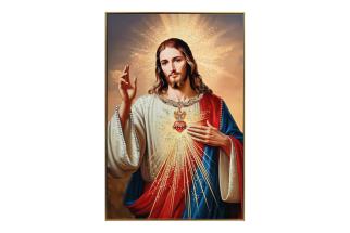 62x92cm Gold Framed Canvas with Jesus Design in Lacquer Finish and Embellishments