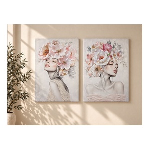 70x100cm Canvas Print with Floral Lady Design with Material Embellishment 2 Asstd