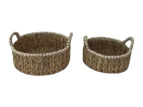 Set of 2 33cm Round Water Hyacinth Baskets and Beaded Finish