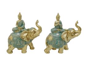 15cm Rulai Buddha on Elephant in Aqua/Gold Finish 2 Asstd