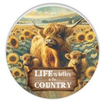 60cm Round Timber Wall Art with Highland Cow & Sunflower Design
