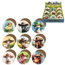 10cm Round Coaster with Funny Farmyard Animal Wearing Cowboy Hat 9 Asstd in Display (72=Free Display)