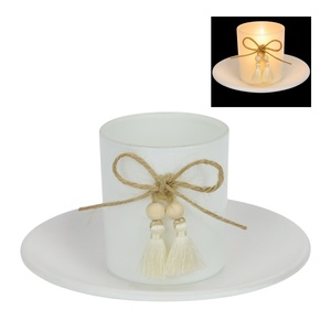 15cm White Candle Tray Set with Bead Tassel Design in Colour Box