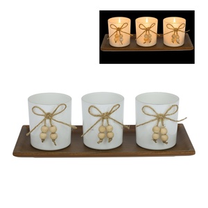 28cm Brown Tray with 3 Candle Set with Bead Design in Colour Box