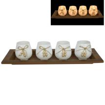 50cm Brown Tray with 4 Candle Set with Bead Design in Colour Box