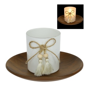 15cm Brown & White Candle Tray Set with Bead Tassel Design in Colour Box