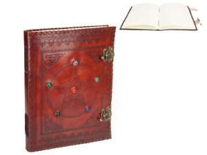 10x13" Brown Leather Journal/Spell Book with Pentagram Gem Design 33x26cm