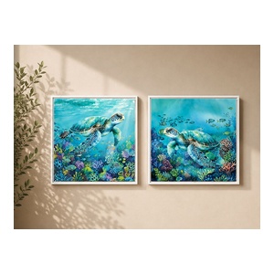40x40cm Framed Canvas Artwork with Blue Sea Turtle Design by Kelly Lane 2 Asstd